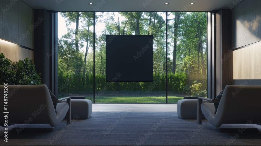 Fototapeta premium Modern minimalist home theater with clean, stylish design. Featuring neutral tones and sleek seating