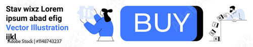 Large BUY button, two cartoon characters interacting with e-commerce elements, sample text. Ideal for online shopping, e-commerce, digital marketing, advertising, user interfaces, website design