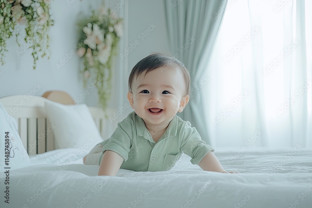 Cute baby crawling on the bed, wearing green and smiling happily in front of the camera, with a white background Cute baby crawling on the bed, wearing green and smiling happily in front of the camera, with a white background