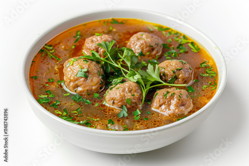 Bowl of meatball soup garnished with fresh parsley, featuring tender meatballs in a flavorful broth with vibrant herbs, served in a white bowl against a clean background