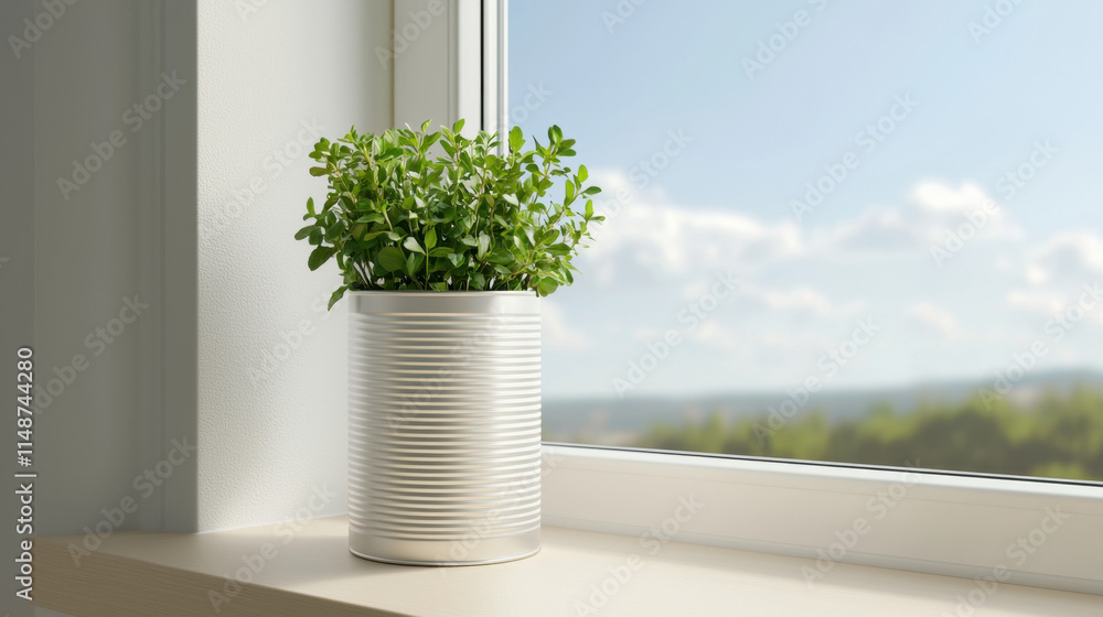 Fototapeta premium Recycling and Resource Saving, A vibrant green plant in a white pot sits on a windowsill, basking in natural light with a scenic outdoor view in the background.