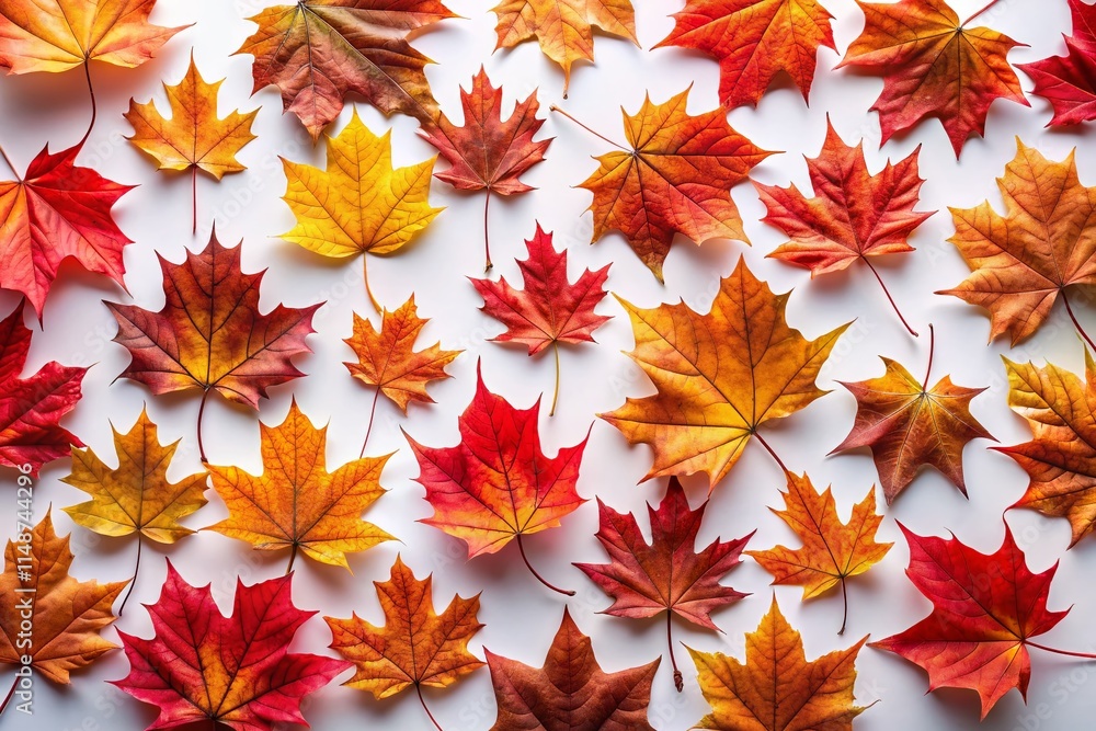 Autumn Maple Leaves Flat Lay: Vibrant Fall Foliage on White Background - Stock Photo Autumn Maple Leaves Flat Lay: Vibrant Fall Foliage on White Background - Stock Photo