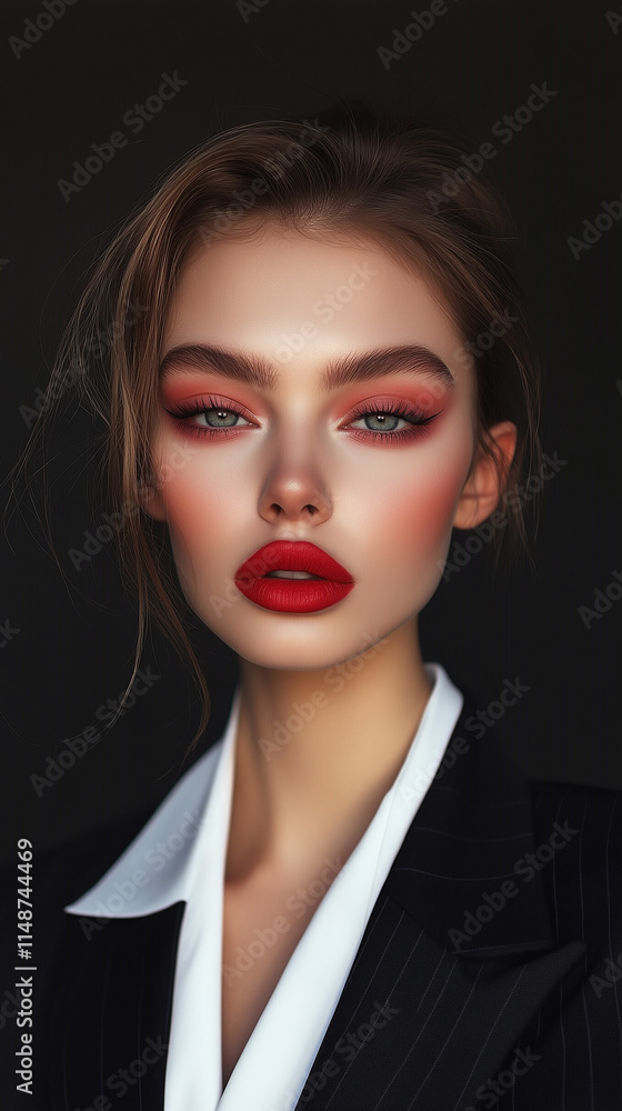 Supermodel with orange-red eyeshadow and red lips in a business suit Supermodel with orange-red eyeshadow and red lips in a business suit