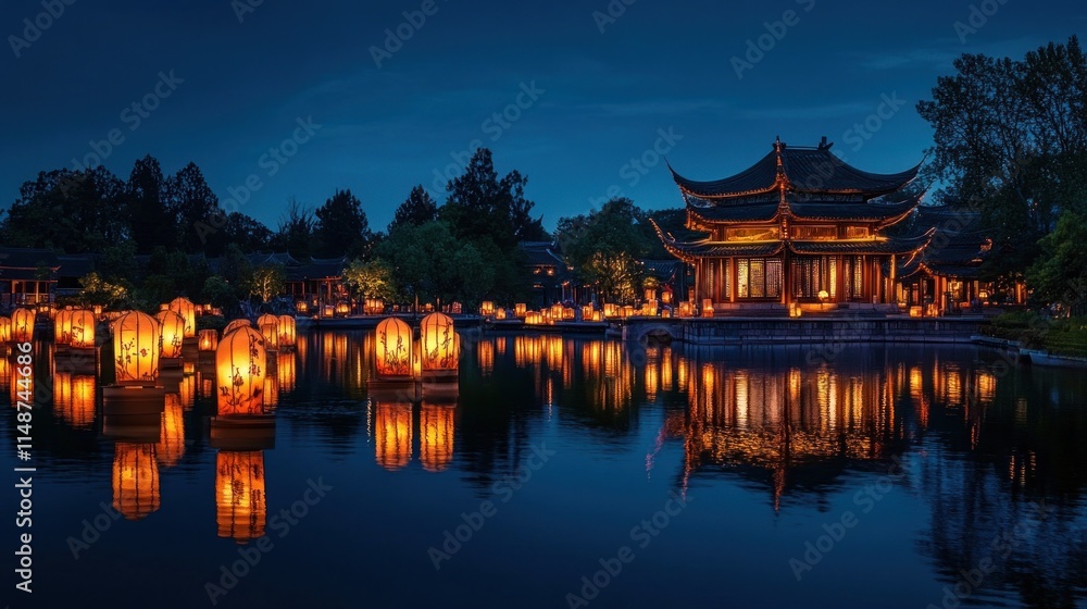 A tranquil scene of a traditional Chinese garden with a pagoda illuminated at night, surrounded by floating lanterns in a serene pond. A tranquil scene of a traditional Chinese garden with a pagoda illuminated at night, surrounded by floating lanterns in a serene pond.
