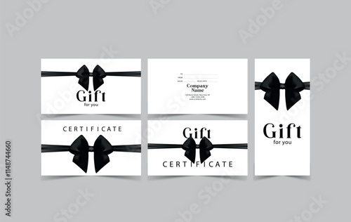 Gift card template with realistic red bow. Certificate, coupon, flyer design. Discount card for shop or boutique. Vector illustration