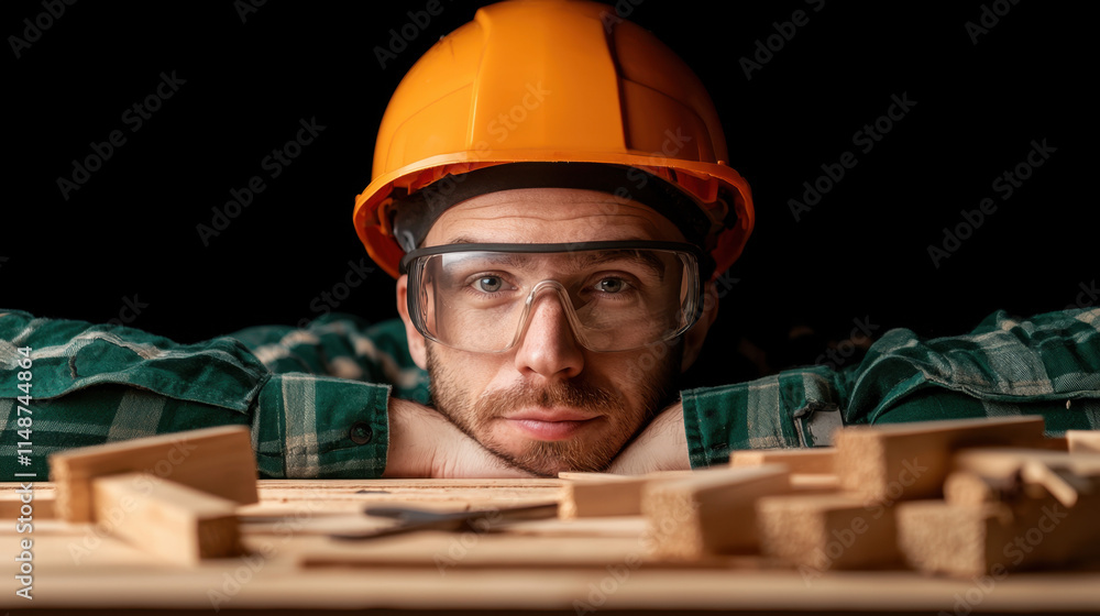 Recycling and Resource Saving, A focused construction worker wearing safety gear, including an orange helmet and glasses, surrounded by wooden materials on a work surface. Recycling and Resource Saving, A focused construction worker wearing safety gear, including an orange helmet and glasses, surrounded by wooden materials on a work surface.