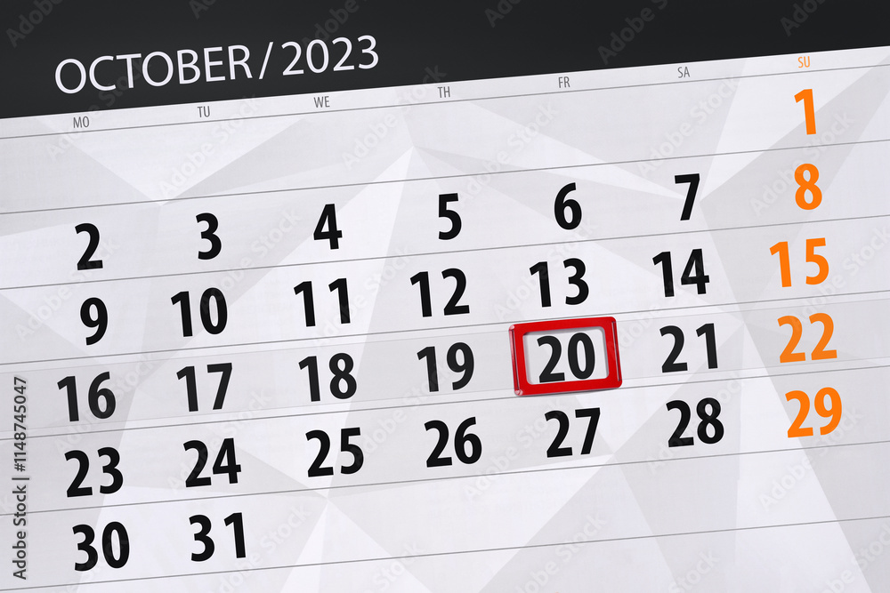 Fototapeta premium Calendar 2024, deadline, day, month, page, organizer, date, December, friday, number 20