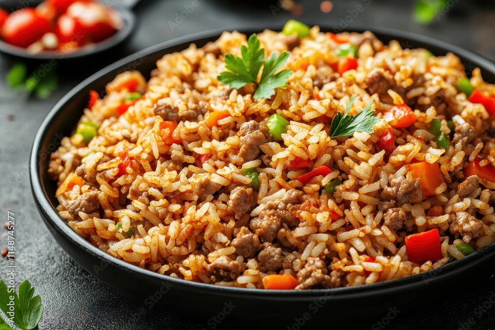 Close up of spicy fried rice with minced meat and vegetables on a table Close up of spicy fried rice with minced meat and vegetables on a table