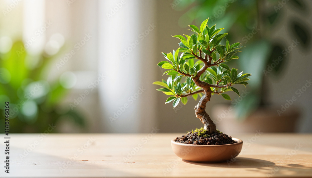 Miniature bonsai tree in a ceramic pot on a wooden table with soft lighting. Miniature bonsai tree in a ceramic pot on a wooden table with soft lighting.