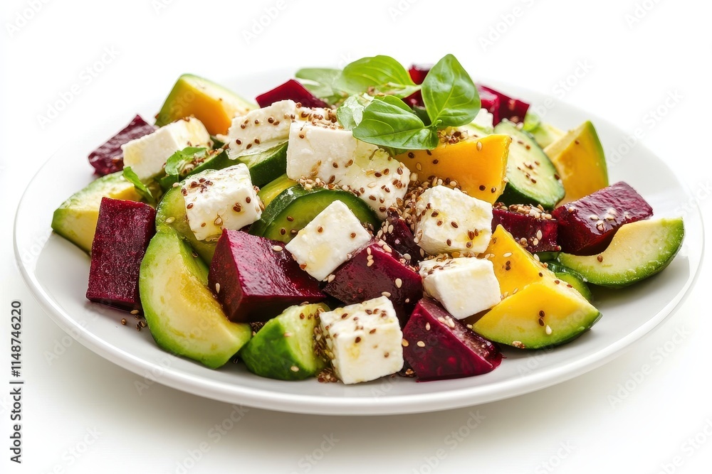 Close up side view of a healthy salad featuring avocado beetroot and feta garnished with sesame and flax seeds against a white backdrop Close up side view of a healthy salad featuring avocado beetroot and feta garnished with sesame and flax seeds against a white backdrop