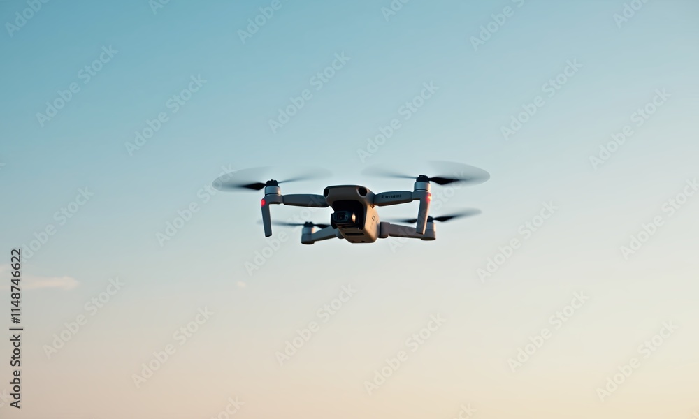 A sleek drone glides effortlessly through a clear blue sky, showcasing modern technology and adventure in the great outdoors. Perfect for tech, travel, and innovation themes A sleek drone glides effortlessly through a clear blue sky, showcasing modern technology and adventure in the great outdoors. Perfect for tech, travel, and innovation themes