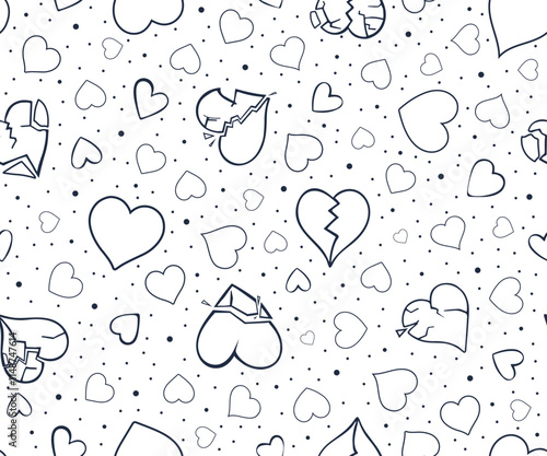 Seamless pattern with hand-drawn doodle hearts. Ink black and white background for wrapping paper, scrapbooking, postcards and posters. Valentine's day illustration with broken hearts.