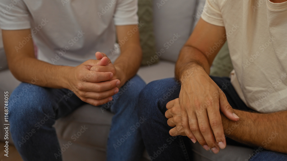 Father and son sitting together in a cozy living room, showcasing familial love and connection in a home setting. Father and son sitting together in a cozy living room, showcasing familial love and connection in a home setting.