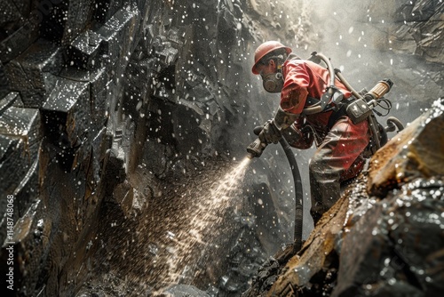 Realistic UHD photo of miner operating jackleg drill in action photo