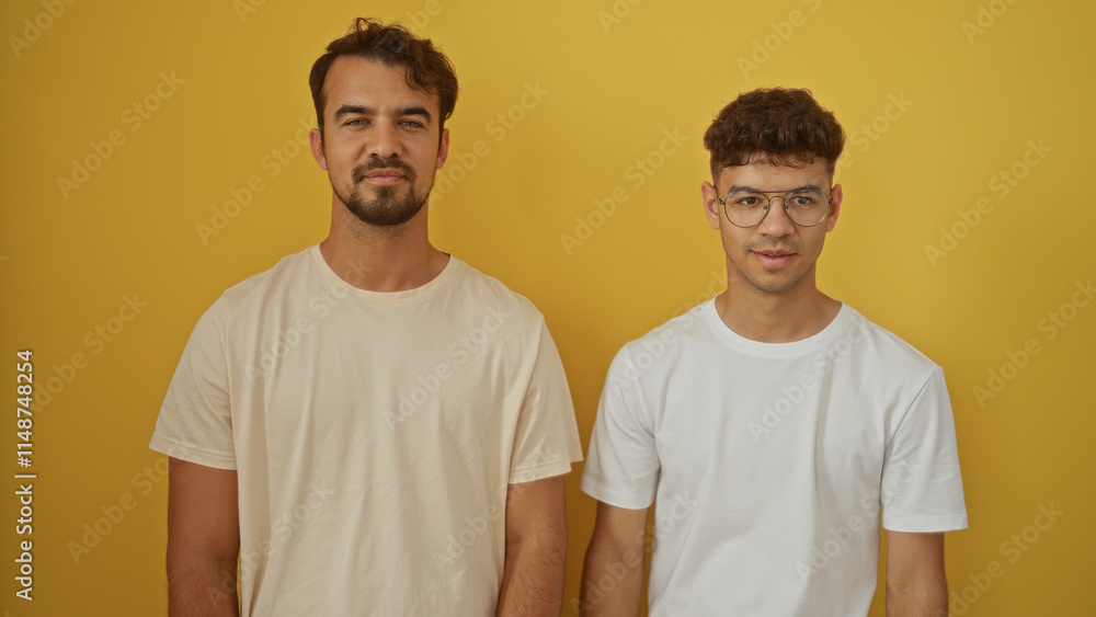 Father and son standing together with love against a vibrant yellow wall background, showing their strong family bond Father and son standing together with love against a vibrant yellow wall background, showing their strong family bond