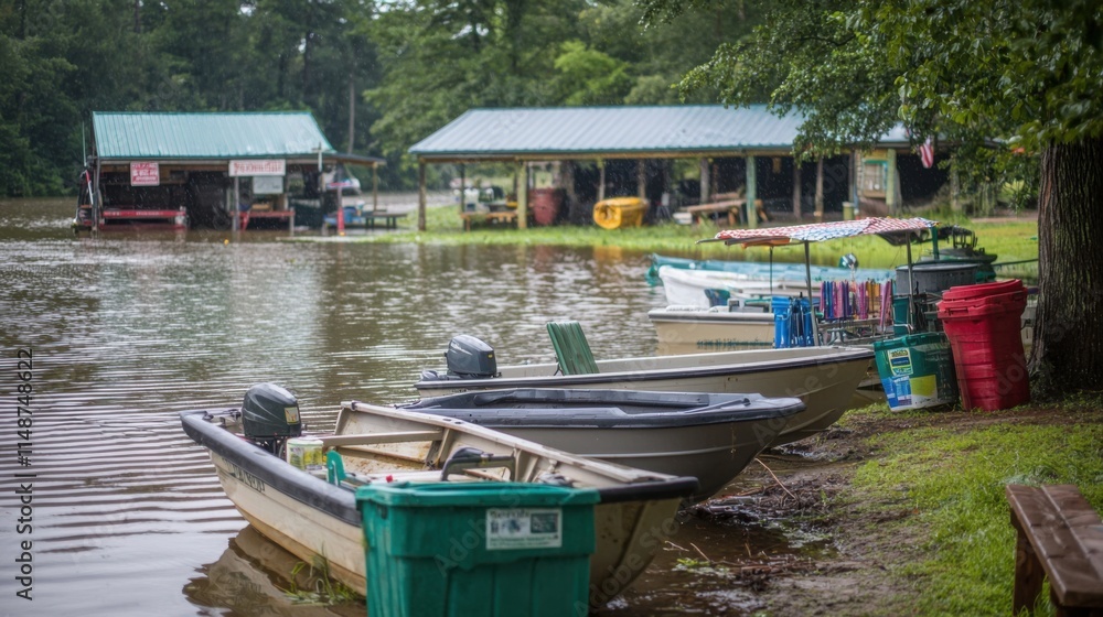 Obraz premium A tranquil scene featuring boats moored by a riverside, with a rustic structure nearby and lush greenery in a calm water setting.