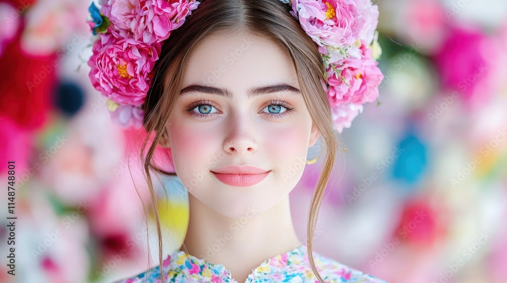Fototapeta premium Close-up portrait of a smiling teenage girl wearing a flower crown.
