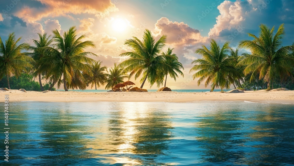 Relaxing Tropical Paradise Beach, Featuring a Sunlounger on White Sand, Crystal Clear Waters, and a Perfect Tropical Getaway Setting Relaxing Tropical Paradise Beach, Featuring a Sunlounger on White Sand, Crystal Clear Waters, and a Perfect Tropical Getaway Setting