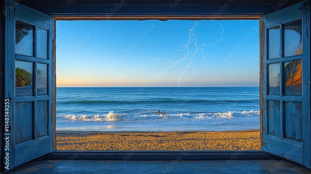 Fototapeta premium Expansive view of a serene beach at dawn through a charming casement window
