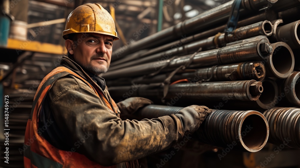 Fototapeta premium A construction worker actively interacting with steel pipes.