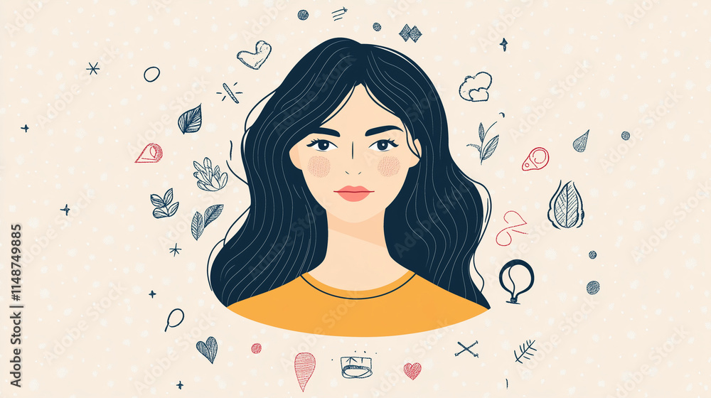 Stylized illustration of a woman surrounded by symbols of empowerment and femininity for International Women's Day Stylized illustration of a woman surrounded by symbols of empowerment and femininity for International Women's Day