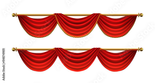 3d realistic vector icon illustration. Red velvet theater curtains with golden elements. Isolated on white background.