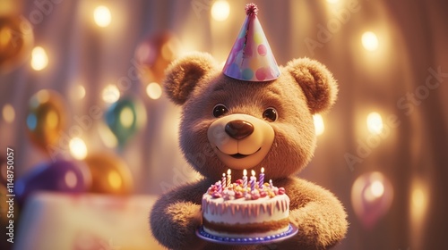 Wallpaper Mural A cute teddy bear wearing a party hat and holding a birthday cake. Torontodigital.ca