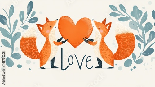 Two foxes with a large tail, with a heart and the word love.