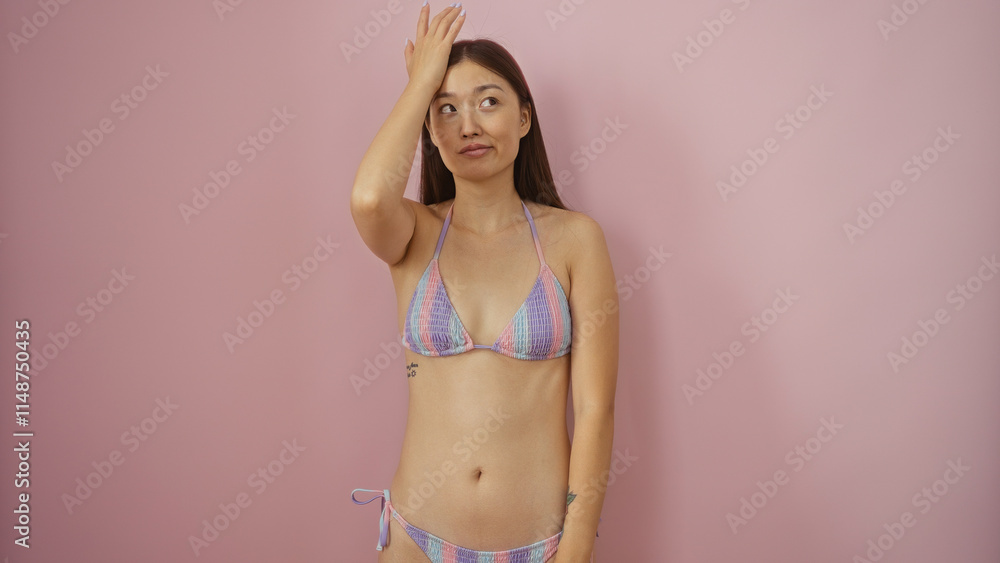 Obraz premium Young chinese woman in a bikini isolated over a pink background, visibly expressing contemplation or confusion.