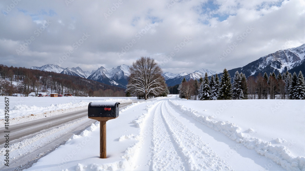 Fototapeta premium Snowy road with a mailbox and mountains in winter