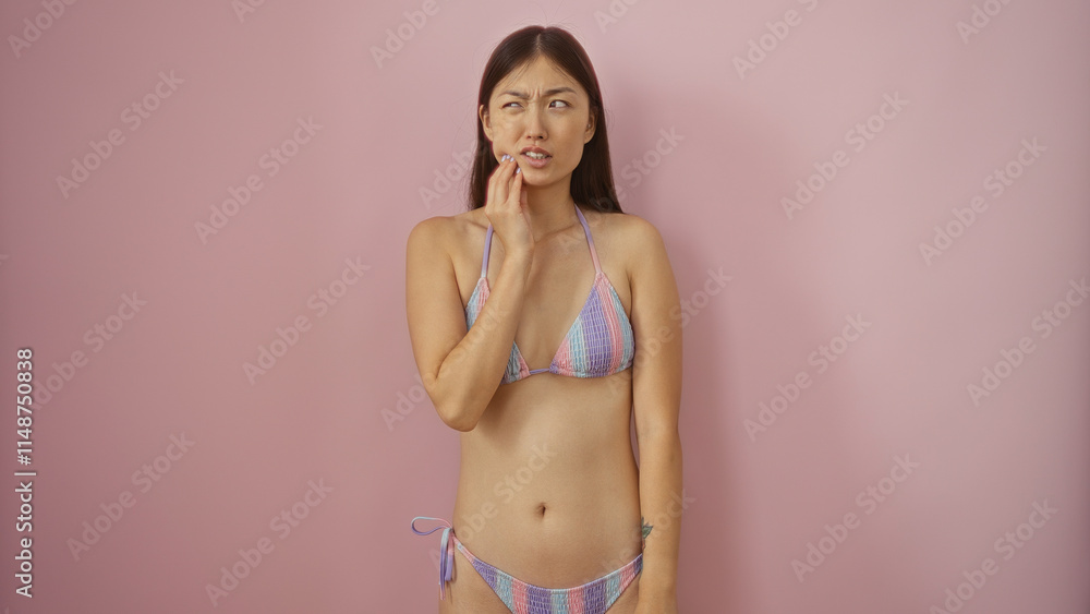 Naklejka premium Woman with toothache in bikini over isolated pink background