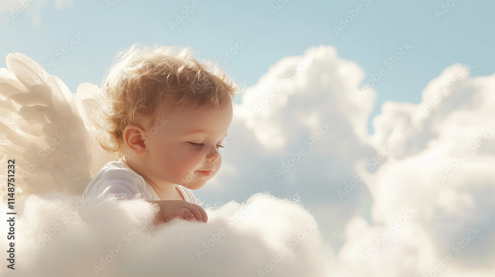 Cute Retro Angel Child on Cloud in Blue Sky with Ethereal Light Cute Retro Angel Child on Cloud in Blue Sky with Ethereal Light