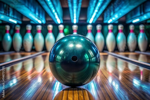 Striking dark teal bowling ball on a glossy wooden lane with bowling pins glowing in a traditional bowling alley setting photo