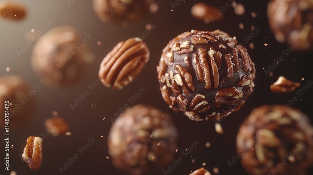 Pecan balls with chocolate pecan nuts with crispy chocolate, floating in the air. Pecan balls with chocolate pecan nuts with crispy chocolate, floating in the air.