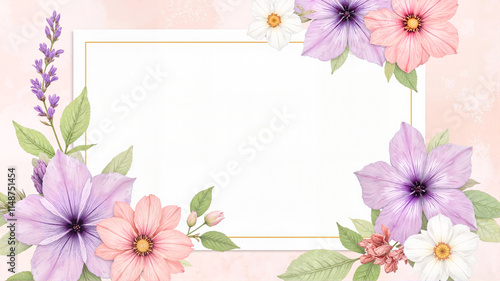 Floral frame with purple and pink flowers