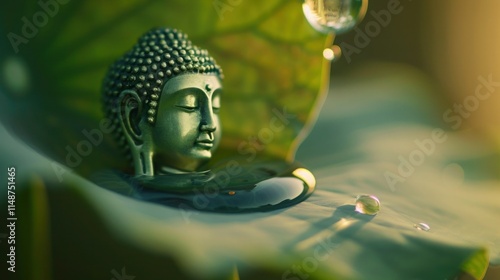 Buddha statue reflected in a drop of water on a lotus leaf telephoto lens realistic bright lighting --ar 16:9 --v 6 Job ID: 26fe9116-bc35-4692-b84f-de258ee03480