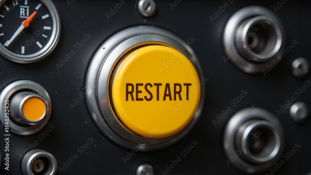 Yellow restart button in an industrial control panel Yellow restart button in an industrial control panel