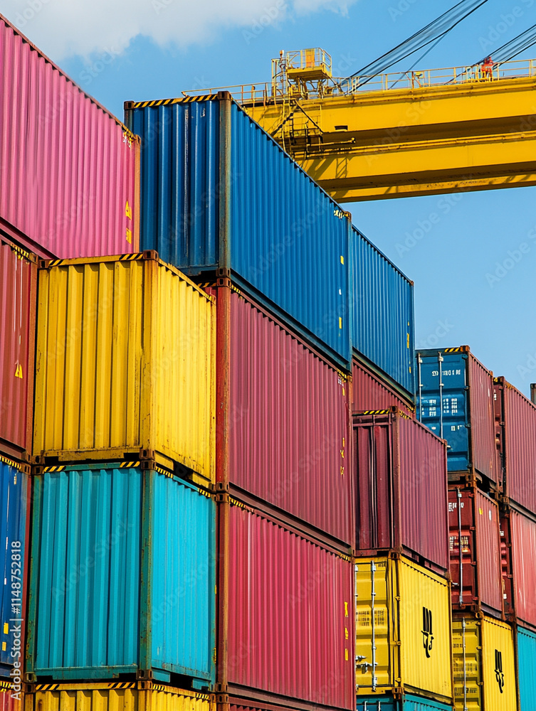 Fototapeta premium Colorful shipping containers stacked under blue sky