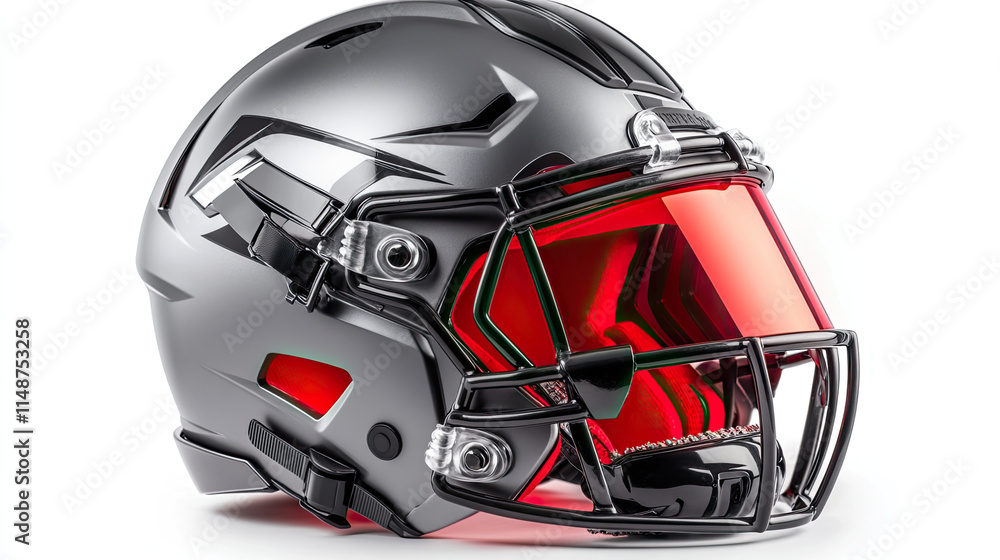 Fototapeta premium Grey American football helmet with red visor on white background.