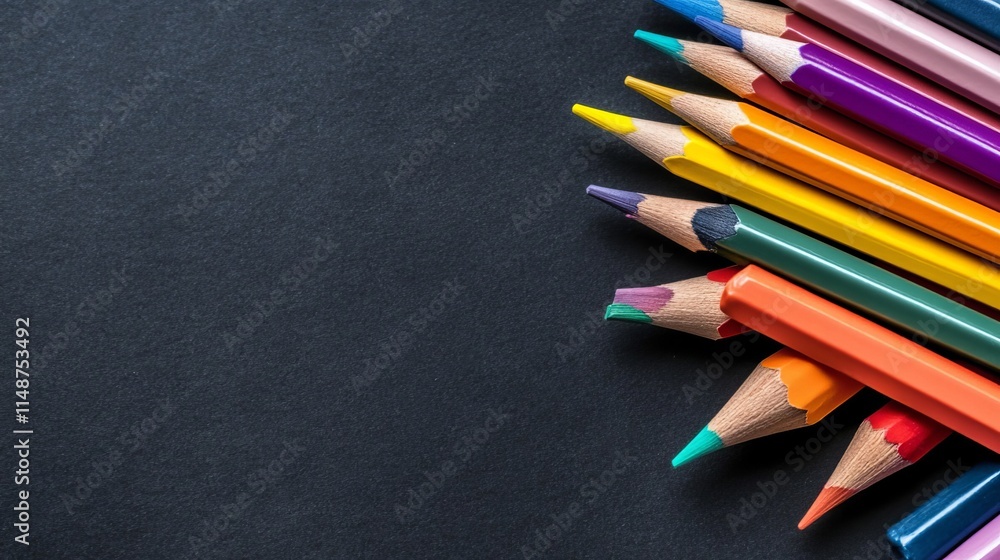A collection of colorful pencils arranged on a dark surface, ideal for drawing and creativity.