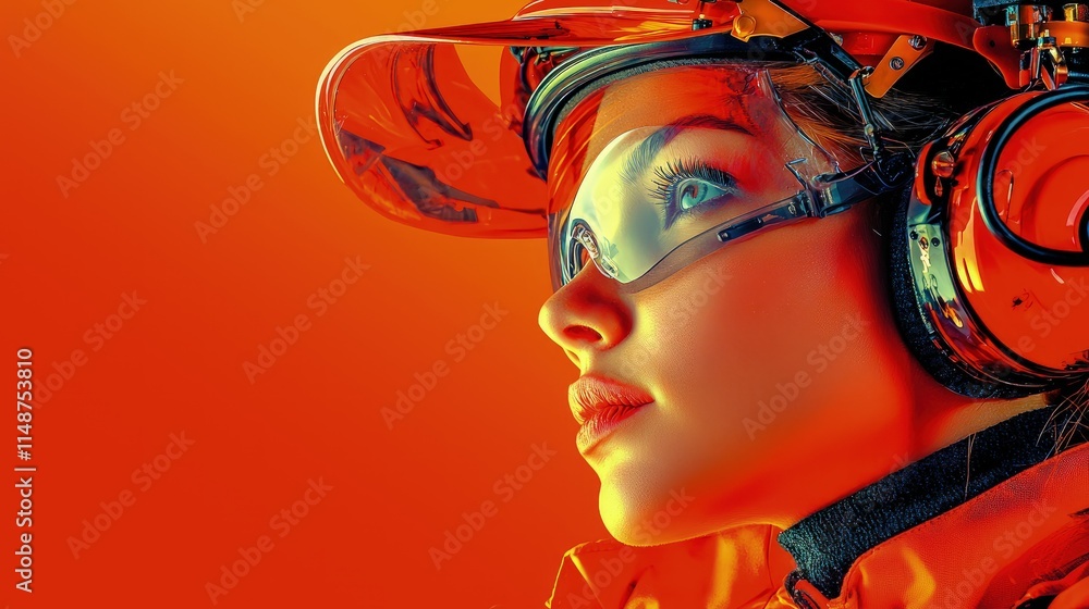 Obraz premium A female industrial worker wearing an orange hard hat, protective goggles, and earmuffs looks forward against a vibrant orange background.