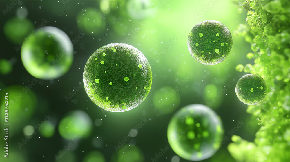 Microscopic Life: A mesmerizing close-up of green algae spheres suspended in a vibrant green liquid, evoking the beauty and complexity of microscopic life. Microscopic Life: A mesmerizing close-up of green algae spheres suspended in a vibrant green liquid, evoking the beauty and complexity of microscopic life.