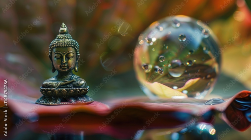 Fototapeta premium Buddha statue reflected in a drop of water on a lotus leaf telephoto lens realistic bright lighting --ar 16:9 --v 6 Job ID: fbcda0f4-301c-4c48-938f-ec5b0785fcd8