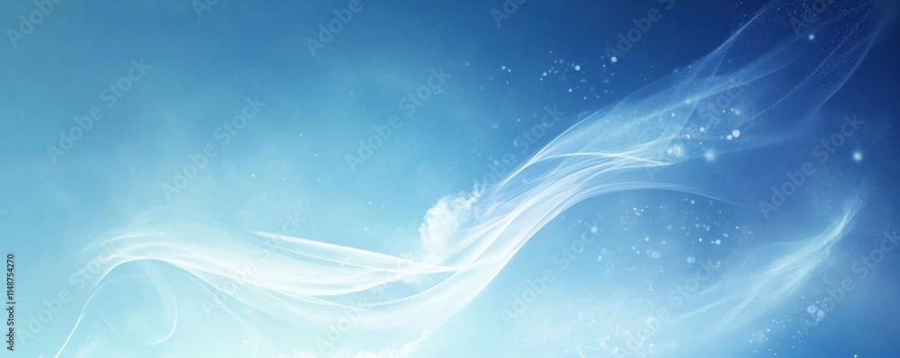 Abstract soft white flow on a blue gradient background with light particles Abstract soft white flow on a blue gradient background with light particles