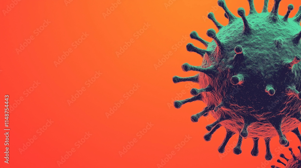 Microscopic View of a Virus: A close-up, highly detailed 3D rendering of a virus against a vibrant orange background. The image evokes a sense of urgency and caution. Microscopic View of a Virus: A close-up, highly detailed 3D rendering of a virus against a vibrant orange background. The image evokes a sense of urgency and caution.