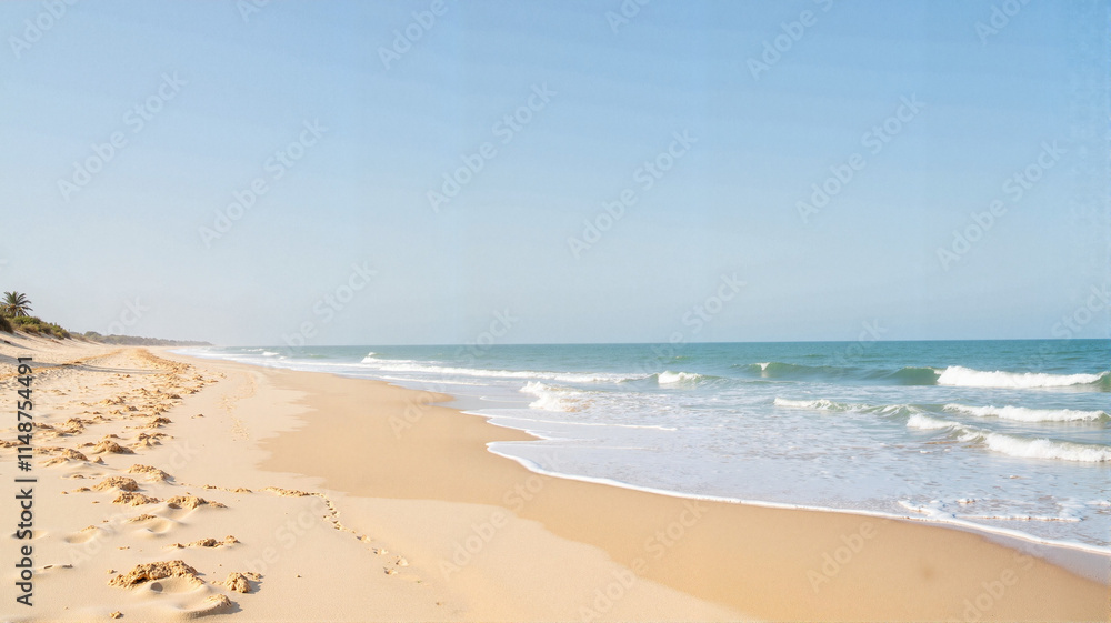 Sandy beach with gentle waves under a blue sky Sandy beach with gentle waves under a blue sky