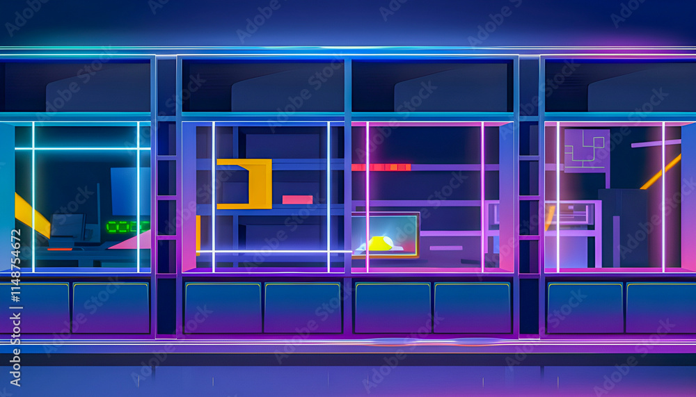 a neon glow-lit room with vibrant lighting illuminates sleek bookshelves, creating the perfect atmosphere for gaming, featuring a stylish, modern design for a dynamic and immersive experience a neon glow-lit room with vibrant lighting illuminates sleek bookshelves, creating the perfect atmosphere for gaming, featuring a stylish, modern design for a dynamic and immersive experience