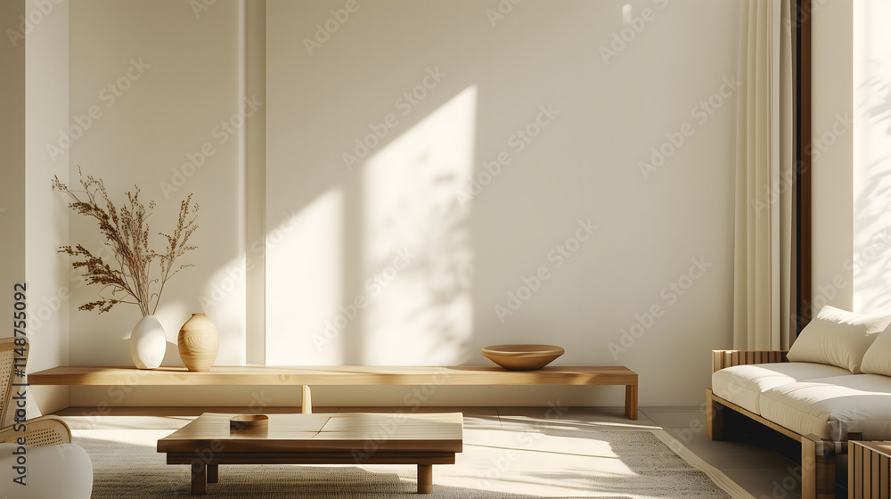 Fototapeta premium Salon minimaliste avec mobilier bas en bois clair et vases décoratifs.