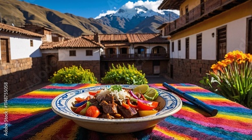 Experiencing traditional saltado in a lively courtyard setting of Cusco with stunning mountain views