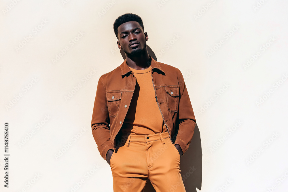 Stylish man in a mocha-colored casual jacket and pants posing against a neutral backdrop. Stylish man in a mocha-colored casual jacket and pants posing against a neutral backdrop.